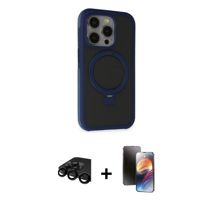MARSİLYAN™- iPhone 15 Pro Kılıf Ahenk Yansıma Özel Seri - Siyah 3D Antistatik Mat Seramik Nano Ekran Koruyucu + Siyah Raze Metal Kamera Lens