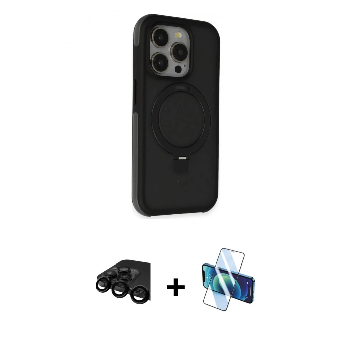 MARSİLYAN™- iPhone 15 Pro Kılıf Ahenk Yansıma Özel Seri - Siyah 3D Antistatik Seramik Nano Ekran Koruyucu + Raze Metal Kamera Lens - SH