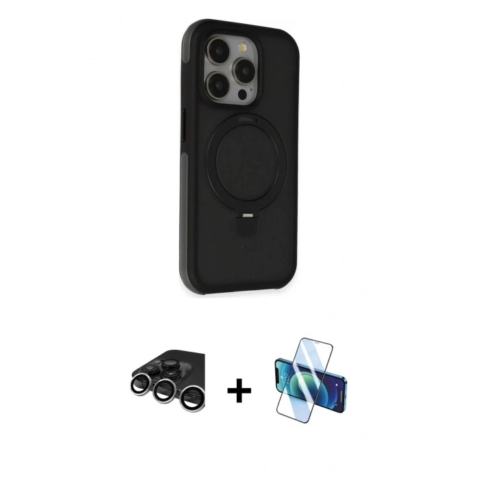 MARSİLYAN™- iPhone 15 Pro Kılıf Ahenk Yansıma Özel Seri - Siyah 3D Antistatik Seramik Nano Ekran Koruyucu + Raze Metal Kamera Lens - GS