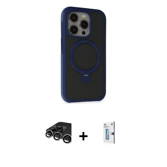 MARSİLYAN™- iPhone 15 Pro Kılıf Ahenk Yansıma Özel Seri - Siyah Bilvis 0.18mm Plus Cam Ekran Koruyucu + Gümüş Raze Metal Kamera Lens