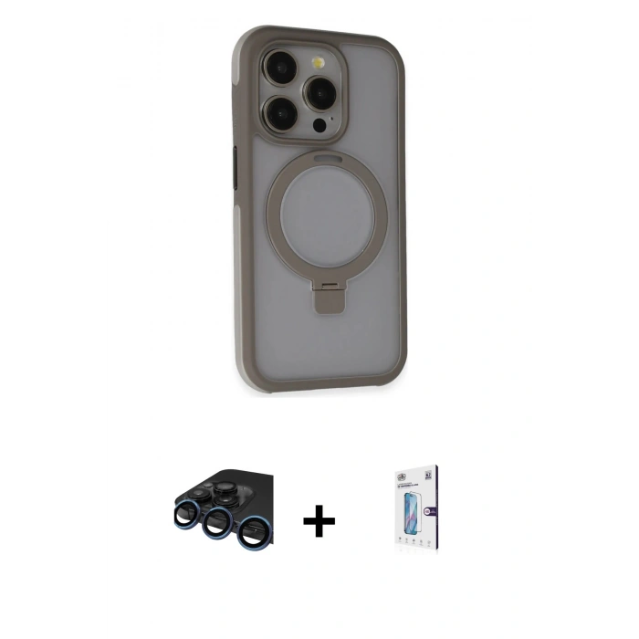 MARSİLYAN™- iPhone 15 Pro Kılıf Ahenk Yansıma Özel Seri - Siyah Bilvis 0.18mm Plus Cam Ekran Koruyucu + Raze Metal Kamera Lens - LT