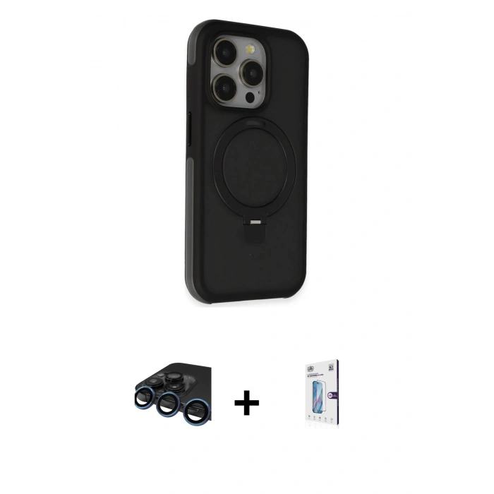 MARSİLYAN™- iPhone 15 Pro Kılıf Ahenk Yansıma Özel Seri - Siyah Bilvis 0.18mm Plus Cam Ekran Koruyucu + Raze Metal Kamera Lens - LT