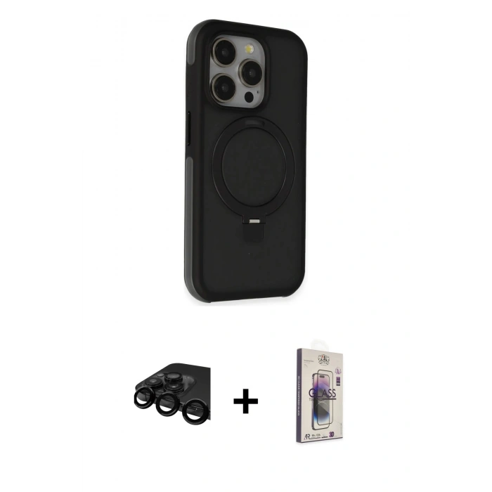 MARSİLYAN™- iPhone 15 Pro Kılıf Ahenk Yansıma Özel Seri - Siyah Bilvis 3D Cam Ekran Koruyucu + Raze Metal Kamera Lens - SH