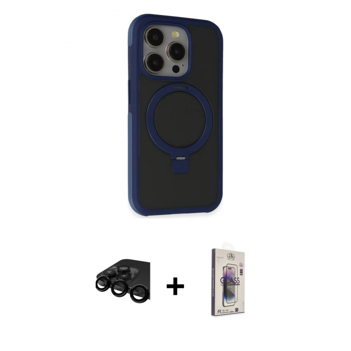 MARSİLYAN™- iPhone 15 Pro Kılıf Ahenk Yansıma Özel Seri - Siyah Bilvis 3D Cam Ekran Koruyucu + Raze Metal Kamera Lens - SH