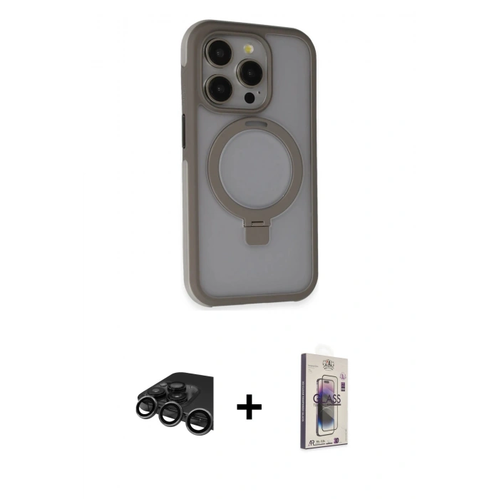 MARSİLYAN™- iPhone 15 Pro Kılıf Ahenk Yansıma Özel Seri - Siyah Bilvis 3D Cam Ekran Koruyucu + Titanyum Gri Raze Metal Kamera Lens