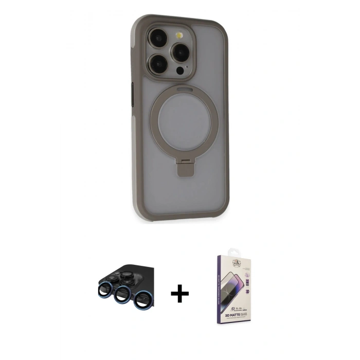 MARSİLYAN™- iPhone 15 Pro Kılıf Ahenk Yansıma Özel Seri - Siyah Bilvis 3D Mat Cam Ekran Koruyucu + Raze Metal Kamera Lens - LT