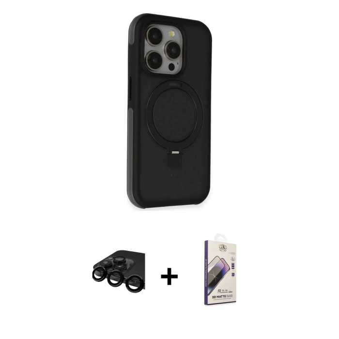 MARSİLYAN™- iPhone 15 Pro Kılıf Ahenk Yansıma Özel Seri - Siyah Bilvis 3D Mat Cam Ekran Koruyucu + Raze Metal Kamera Lens - SH