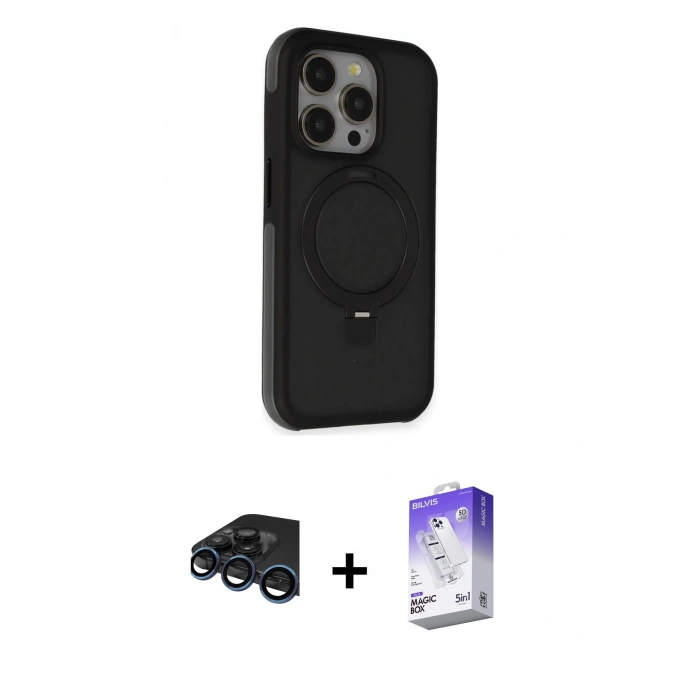 MARSİLYAN™- iPhone 15 Pro Kılıf Ahenk Yansıma Özel Seri - Siyah Bilvis 5in1 3D Magic Cam Ekran Koruyucu + Raze Metal Kamera Lens - LT