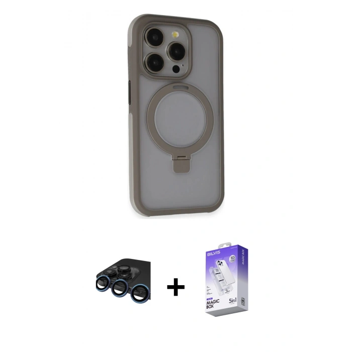 MARSİLYAN™- iPhone 15 Pro Kılıf Ahenk Yansıma Özel Seri - Siyah Bilvis 5in1 3D Magic Cam Ekran Koruyucu + Raze Metal Kamera Lens - LT