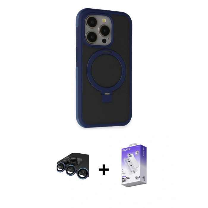 MARSİLYAN™- iPhone 15 Pro Kılıf Ahenk Yansıma Özel Seri - Siyah Bilvis 5in1 3D Magic Cam Ekran Koruyucu + Raze Metal Kamera Lens - LT