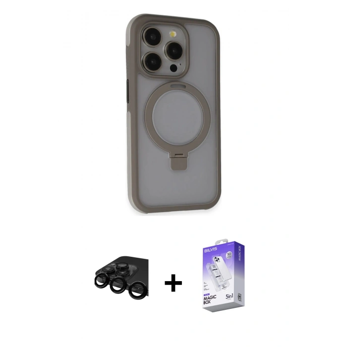 MARSİLYAN™- iPhone 15 Pro Kılıf Ahenk Yansıma Özel Seri - Siyah Bilvis 5in1 3D Magic Cam Ekran Koruyucu + Raze Metal Kamera Lens - SH