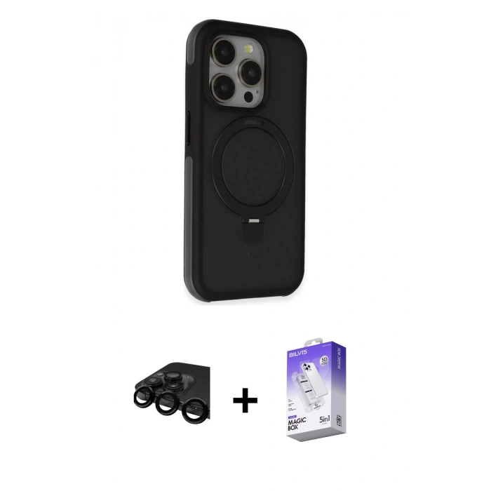 MARSİLYAN™- iPhone 15 Pro Kılıf Ahenk Yansıma Özel Seri - Siyah Bilvis 5in1 3D Magic Cam Ekran Koruyucu + Raze Metal Kamera Lens - SH