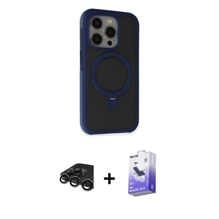 MARSİLYAN™- iPhone 15 Pro Kılıf Ahenk Yansıma Özel Seri - Siyah Bilvis 5in1 5D Magic Hayalet Cam Ekran Koruyucu + Titanyum Gri Raze Metal Kamera Lens