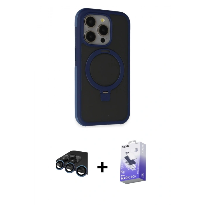 MARSİLYAN™- iPhone 15 Pro Kılıf Ahenk Yansıma Özel Seri - Siyah Bilvis 5in1 5D Magic Hayalet Cam Ekran Koruyucu + Lacivert Raze Metal Kamera Lens