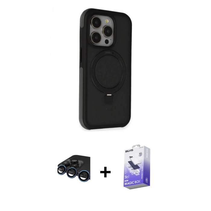 MARSİLYAN™- iPhone 15 Pro Kılıf Ahenk Yansıma Özel Seri - Siyah Bilvis 5in1 5D Magic Hayalet Cam Ekran Koruyucu + Lacivert Raze Metal Kamera Lens