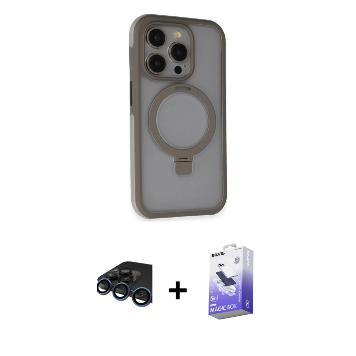 MARSİLYAN™- iPhone 15 Pro Kılıf Ahenk Yansıma Özel Seri - Siyah Bilvis 5in1 5D Magic Hayalet Cam Ekran Koruyucu + Lacivert Raze Metal Kamera Lens