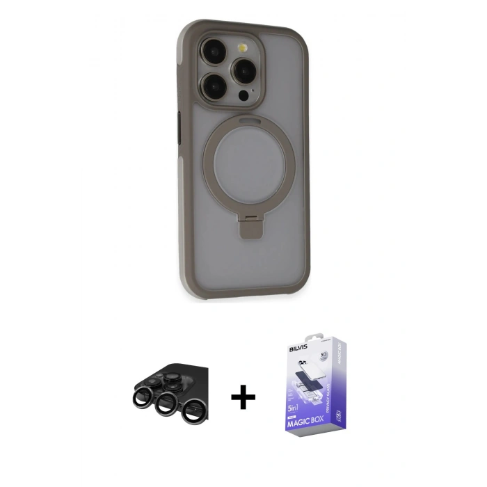 MARSİLYAN™- iPhone 15 Pro Kılıf Ahenk Yansıma Özel Seri - Siyah Bilvis 5in1 5D Magic Hayalet Cam Ekran Koruyucu + Titanyum Gri Raze Metal Kamera Lens