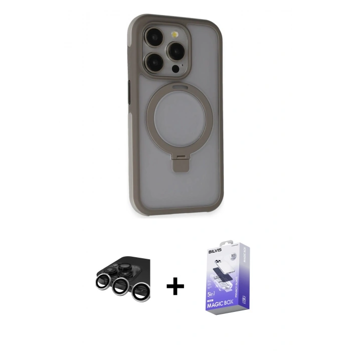 MARSİLYAN™- iPhone 15 Pro Kılıf Ahenk Yansıma Özel Seri - Siyah Bilvis 5in1 5D Magic Hayalet Cam Ekran Koruyucu + Raze Metal Kamera Lens - GS