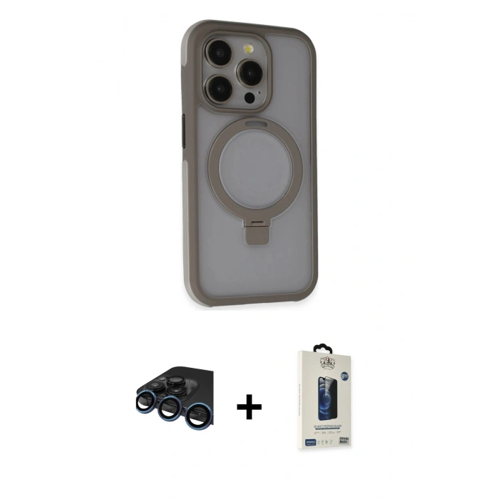 MARSİLYAN™- iPhone 15 Pro Kılıf Ahenk Yansıma Özel Seri - Siyah Bilvis Hayalet Cam Ekran Koruyucu + Raze Metal Kamera Lens - LT