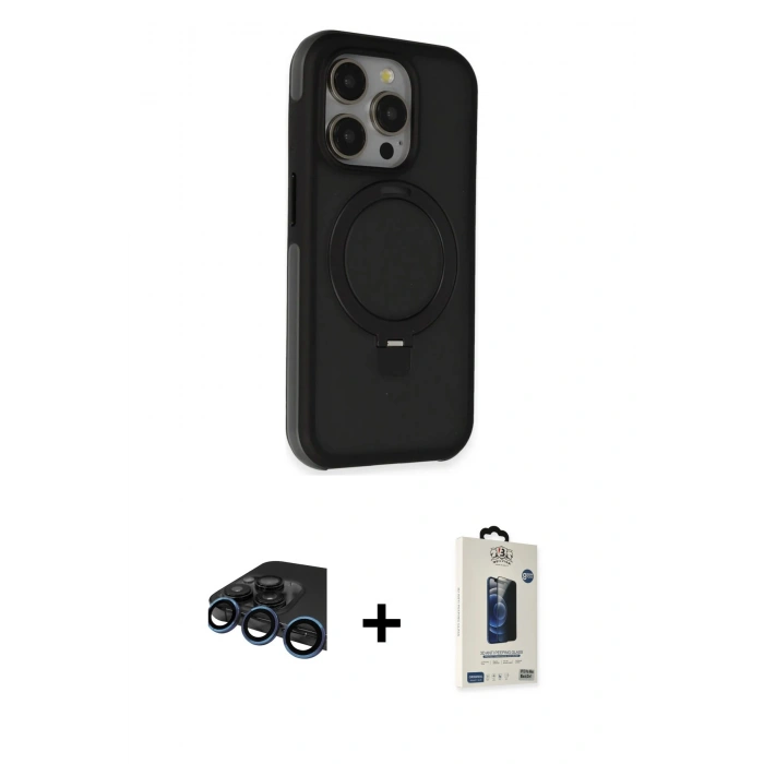 MARSİLYAN™- iPhone 15 Pro Kılıf Ahenk Yansıma Özel Seri - Siyah Bilvis Hayalet Cam Ekran Koruyucu + Raze Metal Kamera Lens - LT
