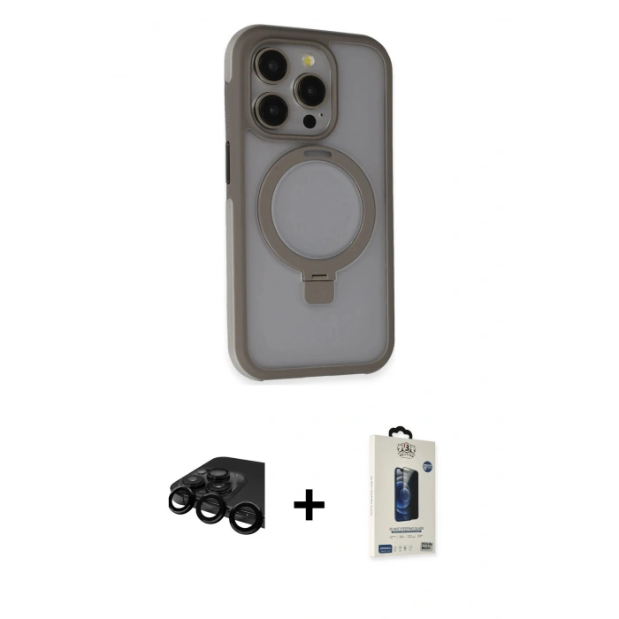 MARSİLYAN™- iPhone 15 Pro Kılıf Ahenk Yansıma Özel Seri - Siyah Bilvis Hayalet Cam Ekran Koruyucu + Raze Metal Kamera Lens - SH