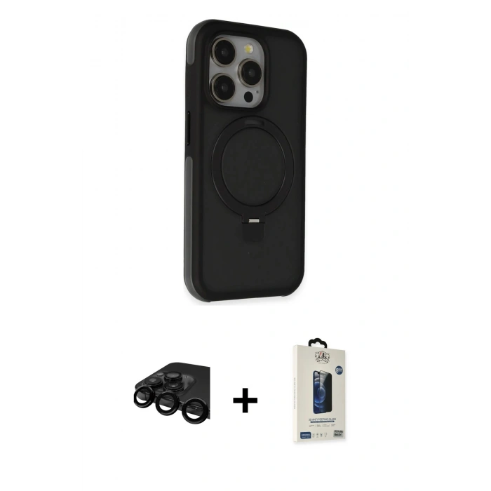 MARSİLYAN™- iPhone 15 Pro Kılıf Ahenk Yansıma Özel Seri - Siyah Bilvis Hayalet Cam Ekran Koruyucu + Raze Metal Kamera Lens - SH