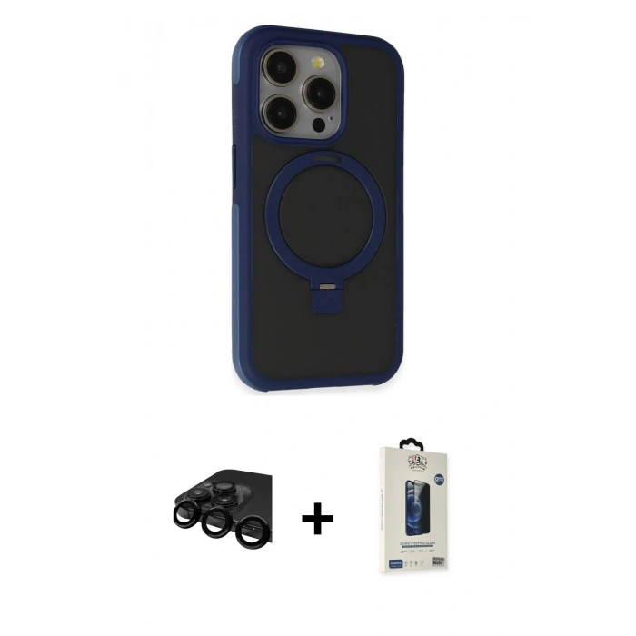 MARSİLYAN™- iPhone 15 Pro Kılıf Ahenk Yansıma Özel Seri - Siyah Bilvis Hayalet Cam Ekran Koruyucu + Raze Metal Kamera Lens - SH