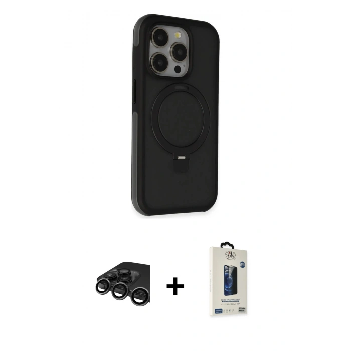 MARSİLYAN™- iPhone 15 Pro Kılıf Ahenk Yansıma Özel Seri - Siyah Bilvis Hayalet Cam Ekran Koruyucu + Titanyum Gri Raze Metal Kamera Lens