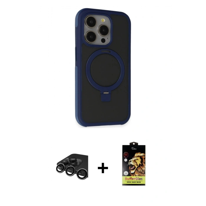 MARSİLYAN™- iPhone 15 Pro Kılıf Ahenk Yansıma Özel Seri - Siyah Buffer Cam Ekran Koruyucu + Raze Metal Kamera Lens - TMGI