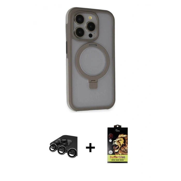 MARSİLYAN™- iPhone 15 Pro Kılıf Ahenk Yansıma Özel Seri - Siyah Buffer Cam Ekran Koruyucu + Raze Metal Kamera Lens - TMGI