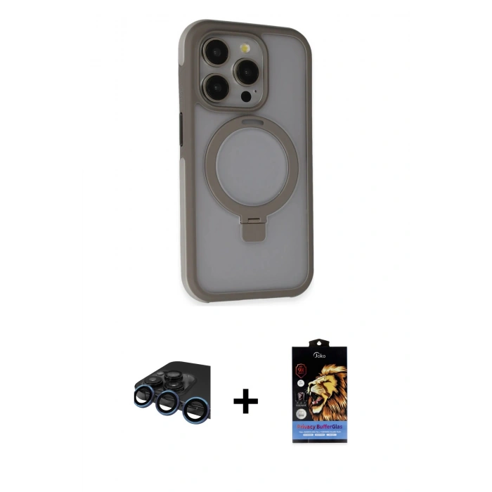 MARSİLYAN™- iPhone 15 Pro Kılıf Ahenk Yansıma Özel Seri - Siyah Buffer Hayalet Cam Ekran Koruyucu + Lacivert Raze Metal Kamera Lens