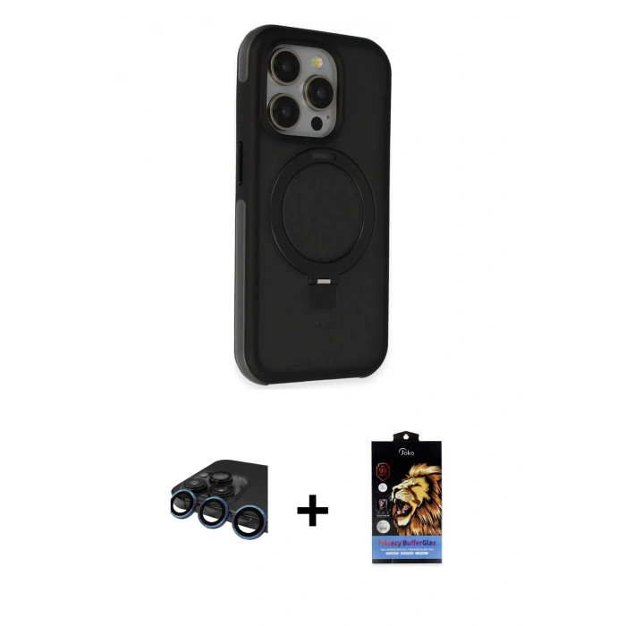MARSİLYAN™- iPhone 15 Pro Kılıf Ahenk Yansıma Özel Seri - Siyah Buffer Hayalet Cam Ekran Koruyucu + Lacivert Raze Metal Kamera Lens