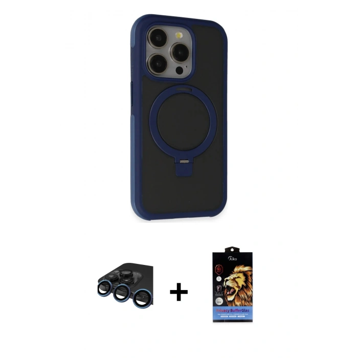 MARSİLYAN™- iPhone 15 Pro Kılıf Ahenk Yansıma Özel Seri - Siyah Buffer Hayalet Cam Ekran Koruyucu + Lacivert Raze Metal Kamera Lens