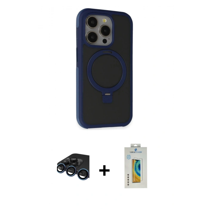 MARSİLYAN™- iPhone 15 Pro Kılıf Ahenk Yansıma Özel Seri - Siyah Polymer Nano Ekran Koruyucu + Raze Metal Kamera Lens - LT