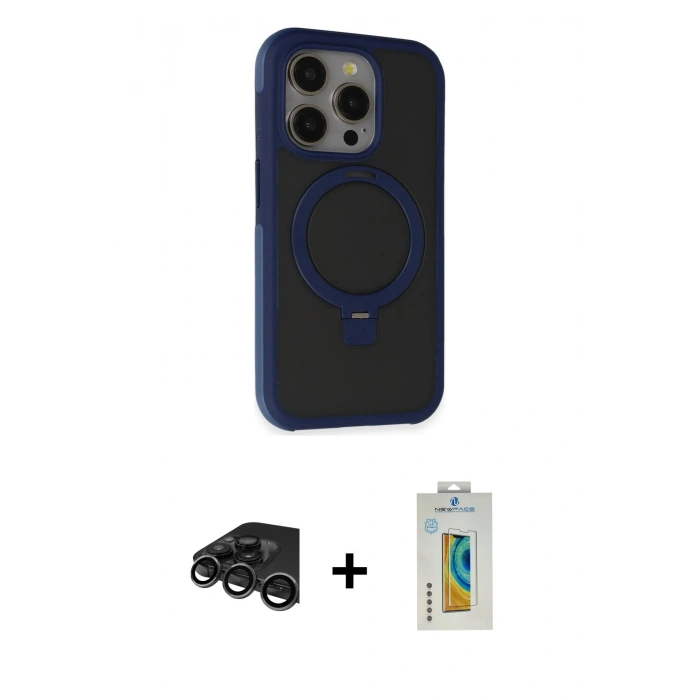 MARSİLYAN™- iPhone 15 Pro Kılıf Ahenk Yansıma Özel Seri - Siyah Polymer Nano Ekran Koruyucu + Raze Metal Kamera Lens - TMGI
