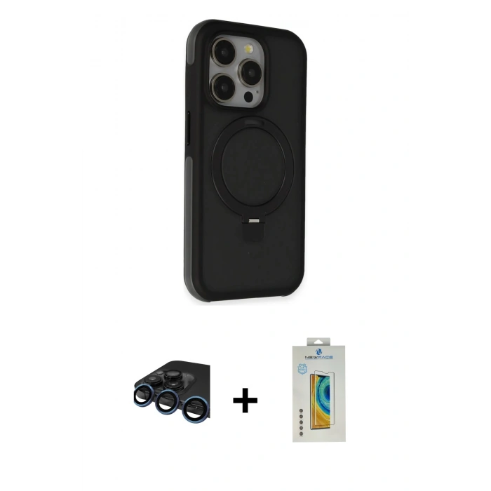 MARSİLYAN™- iPhone 15 Pro Kılıf Ahenk Yansıma Özel Seri - Siyah Polymer Nano Ekran Koruyucu + Raze Metal Kamera Lens - LT