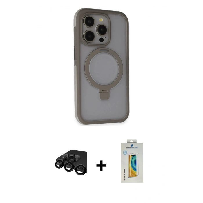 MARSİLYAN™- iPhone 15 Pro Kılıf Ahenk Yansıma Özel Seri - Siyah Polymer Nano Ekran Koruyucu + Siyah Raze Metal Kamera Lens