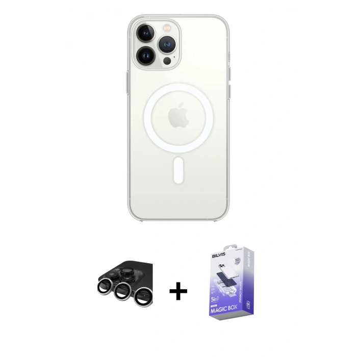 MARSİLYAN™- iPhone 15 Pro Kılıf Ahenk Yansıma Prime - Siyah Bilvis 5in1 5D Magic Hayalet Cam Ekran Koruyucu + Raze Metal Kamera Lens - GS