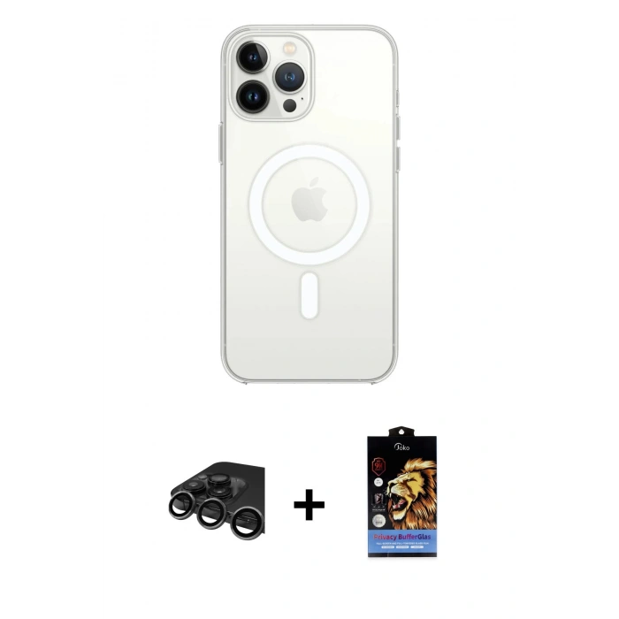 MARSİLYAN™- iPhone 15 Pro Kılıf Ahenk Yansıma Prime - Siyah Buffer Hayalet Cam Ekran Koruyucu + Raze Metal Kamera Lens - TMGI