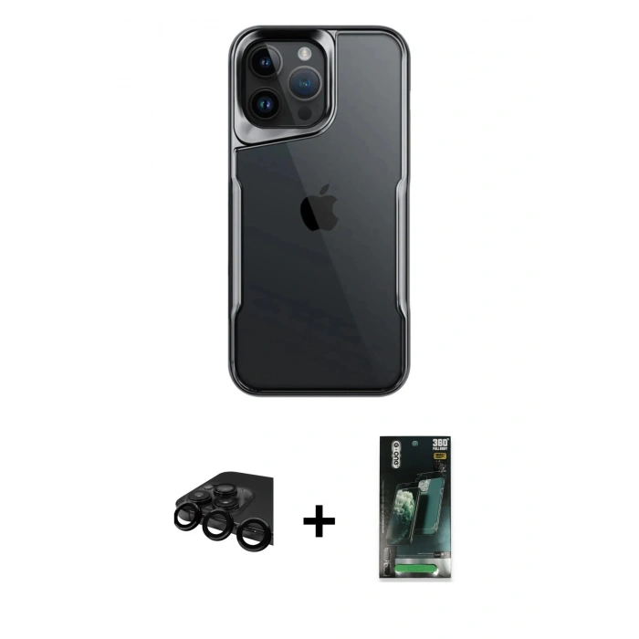 MARSİLYAN™- iPhone 15 Pro Kılıf Akış Çizgi Koleksiyonu - Şeffaf 360 Full Body Arka Koruyucu + Raze Metal Kamera Lens - SH