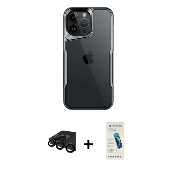 MARSİLYAN™- iPhone 15 Pro Kılıf Akış Çizgi Koleksiyonu - Şeffaf Pasifik Cam Ekran Koruyucu + Raze Metal Kamera Lens - SH