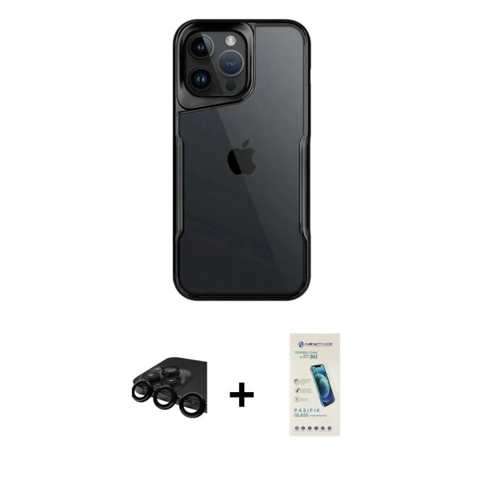 MARSİLYAN™- iPhone 15 Pro Kılıf Akış Çizgi Koleksiyonu - Şeffaf Pasifik Cam Ekran Koruyucu + Raze Metal Kamera Lens - SH