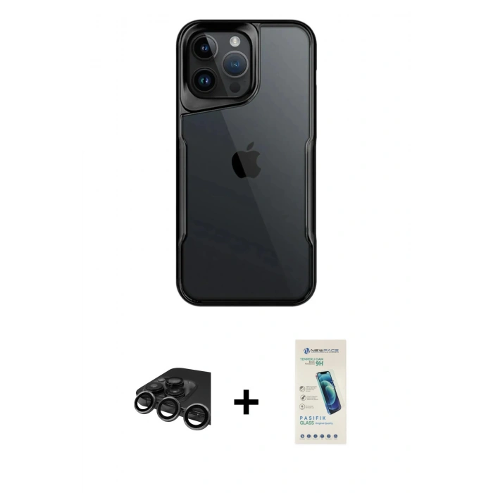 MARSİLYAN™- iPhone 15 Pro Kılıf Akış Çizgi Koleksiyonu - Şeffaf Pasifik Cam Ekran Koruyucu + Raze Metal Kamera Lens - TMGI