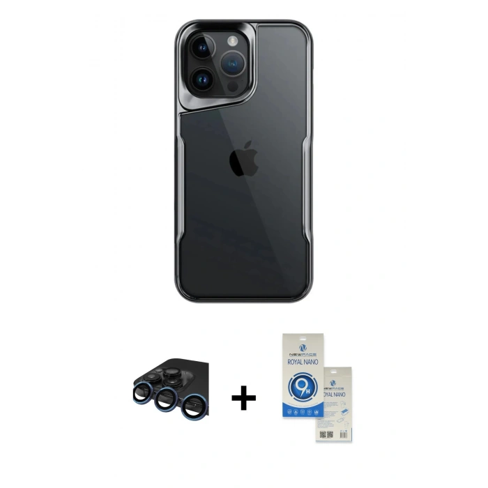 MARSİLYAN™- iPhone 15 Pro Kılıf Akış Çizgi Koleksiyonu - Şeffaf Royal Nano Ekran Koruyucu + Raze Metal Kamera Lens - LT