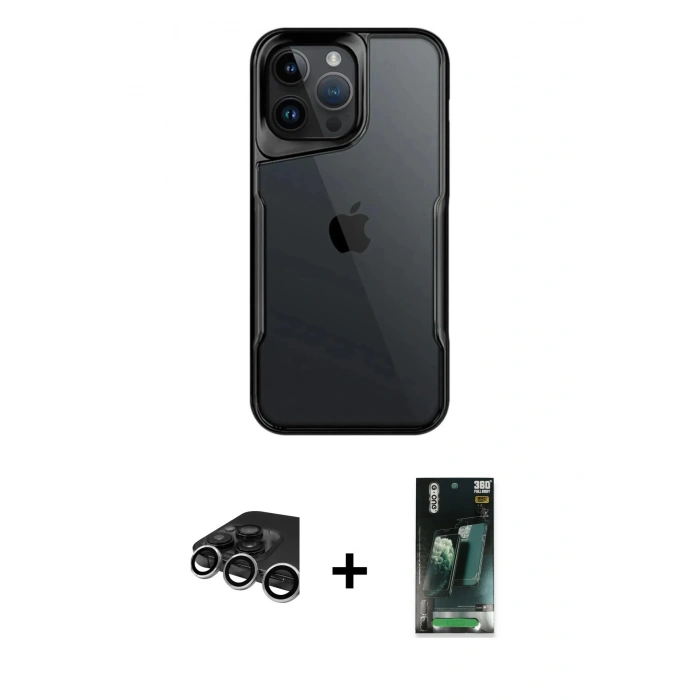 MARSİLYAN™- iPhone 15 Pro Kılıf Akış Çizgi Koleksiyonu - Siyah 360 Mat Full Body Arka Koruyucu + Raze Metal Kamera Lens - GS