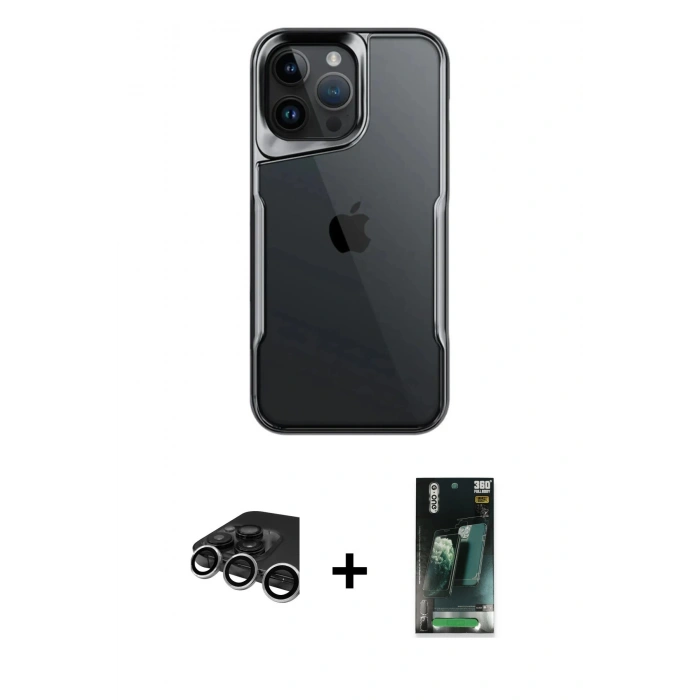 MARSİLYAN™- iPhone 15 Pro Kılıf Akış Çizgi Koleksiyonu - Siyah 360 Mat Full Body Arka Koruyucu + Raze Metal Kamera Lens - GS