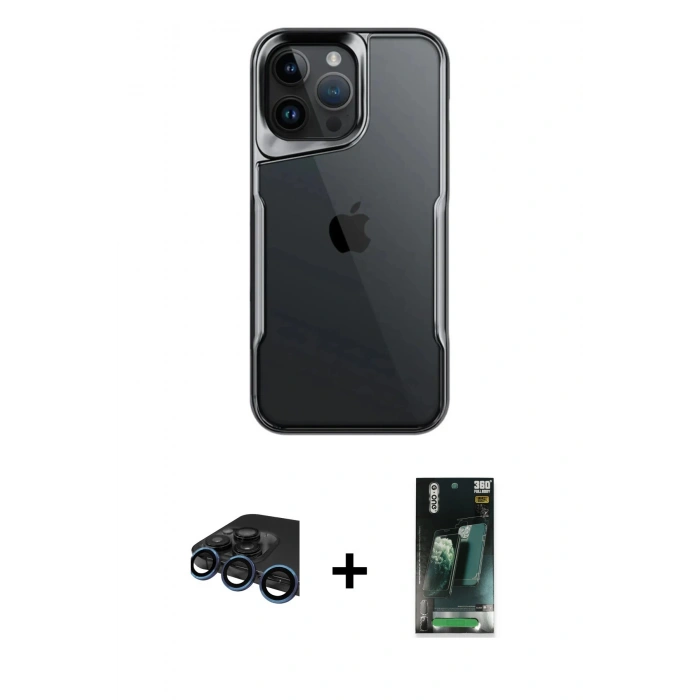 MARSİLYAN™- iPhone 15 Pro Kılıf Akış Çizgi Koleksiyonu - Siyah 360 Mat Full Body Arka Koruyucu + Raze Metal Kamera Lens - LT