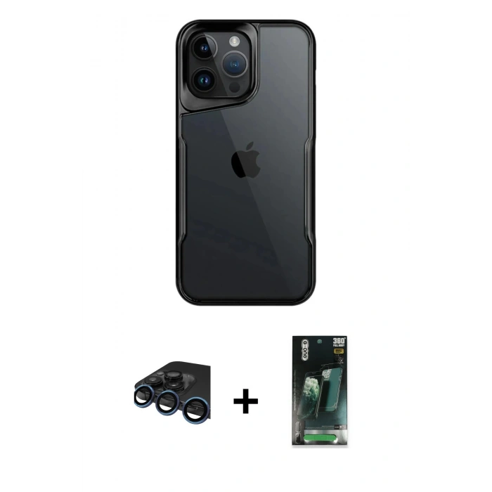 MARSİLYAN™- iPhone 15 Pro Kılıf Akış Çizgi Koleksiyonu - Siyah 360 Mat Full Body Arka Koruyucu + Raze Metal Kamera Lens - LT