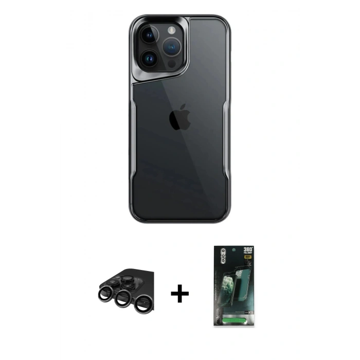 MARSİLYAN™- iPhone 15 Pro Kılıf Akış Çizgi Koleksiyonu - Siyah 360 Mat Full Body Arka Koruyucu + Raze Metal Kamera Lens - TMGI