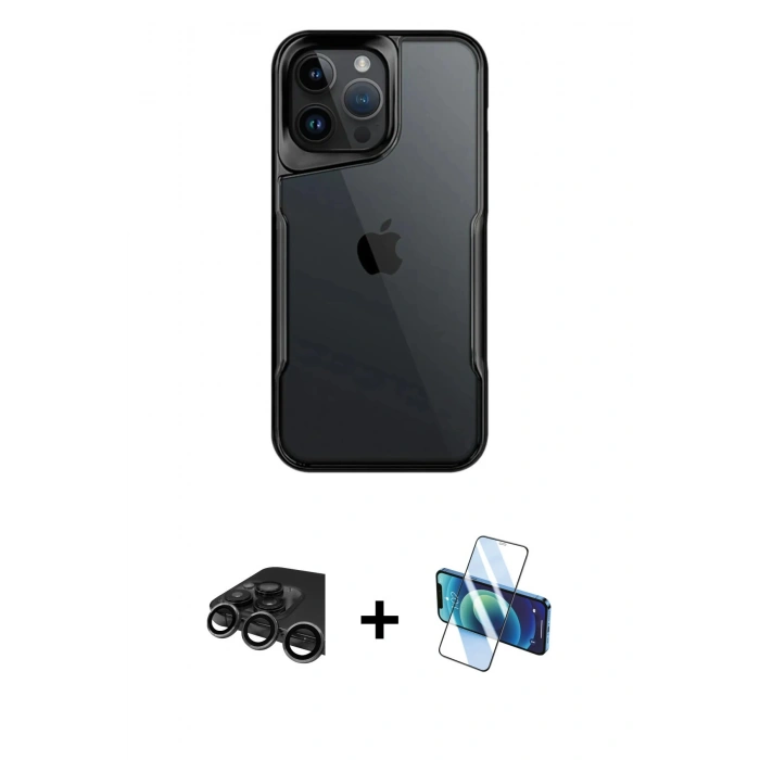 MARSİLYAN™- iPhone 15 Pro Kılıf Akış Çizgi Koleksiyonu - Siyah 3D Antistatik Cam Ekran Koruyucu + Raze Metal Kamera Lens - TMGI